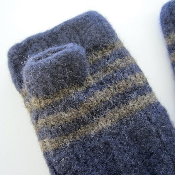 Handmade 🇨🇦 Wool Felt Fingerless Mittens - Blue and Grey Stripes - Picture 5 of 7